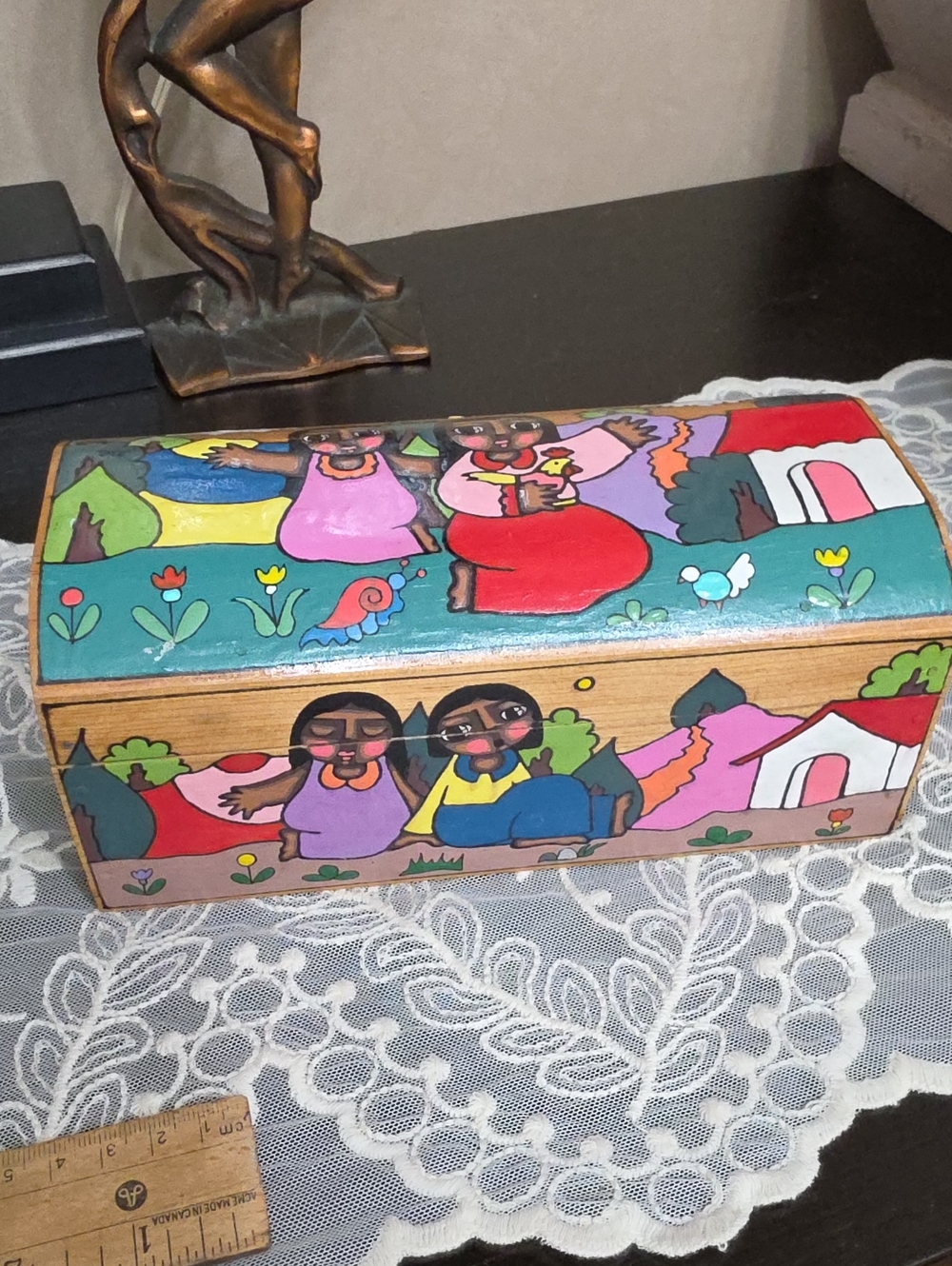 Vtg El Salvador Trinket Hand-Painted Folk Art Wooden Box - Colorful Multi